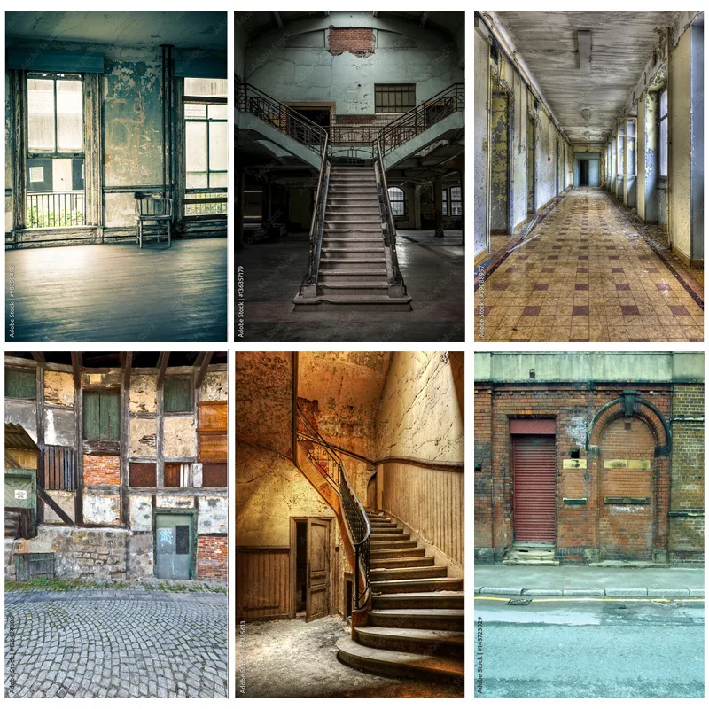 

ZHISUXI Vintage Shabby Interior Building Wall Photo Background Old Stairway Corridor Halloween Photography Studio Props PJ-01