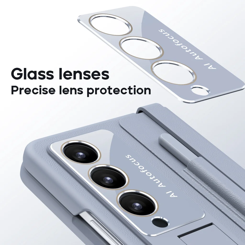 With S Pen Holder For Samsung Galaxy Z Fold 5 Fold 4 5G PU Leather Case Hinge With Bracket Screen Film Full Protector Cover