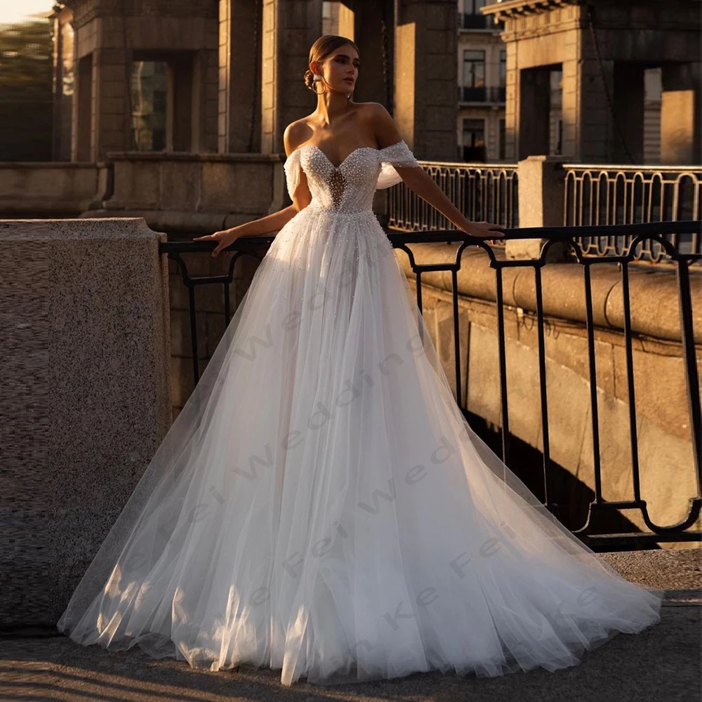 

2024 Glitter Women's Bridal Dresses A-line Sexy Off Shoulder Sleeveless Princess Wedding Gowns Formal Beach Party Robe De Soirée