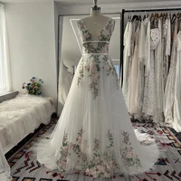 Mryarce 2024 Colorful Embroidery Lace Flowy Wedding Dresses Sleeveless A Line Open Back Bridal Gowns 2