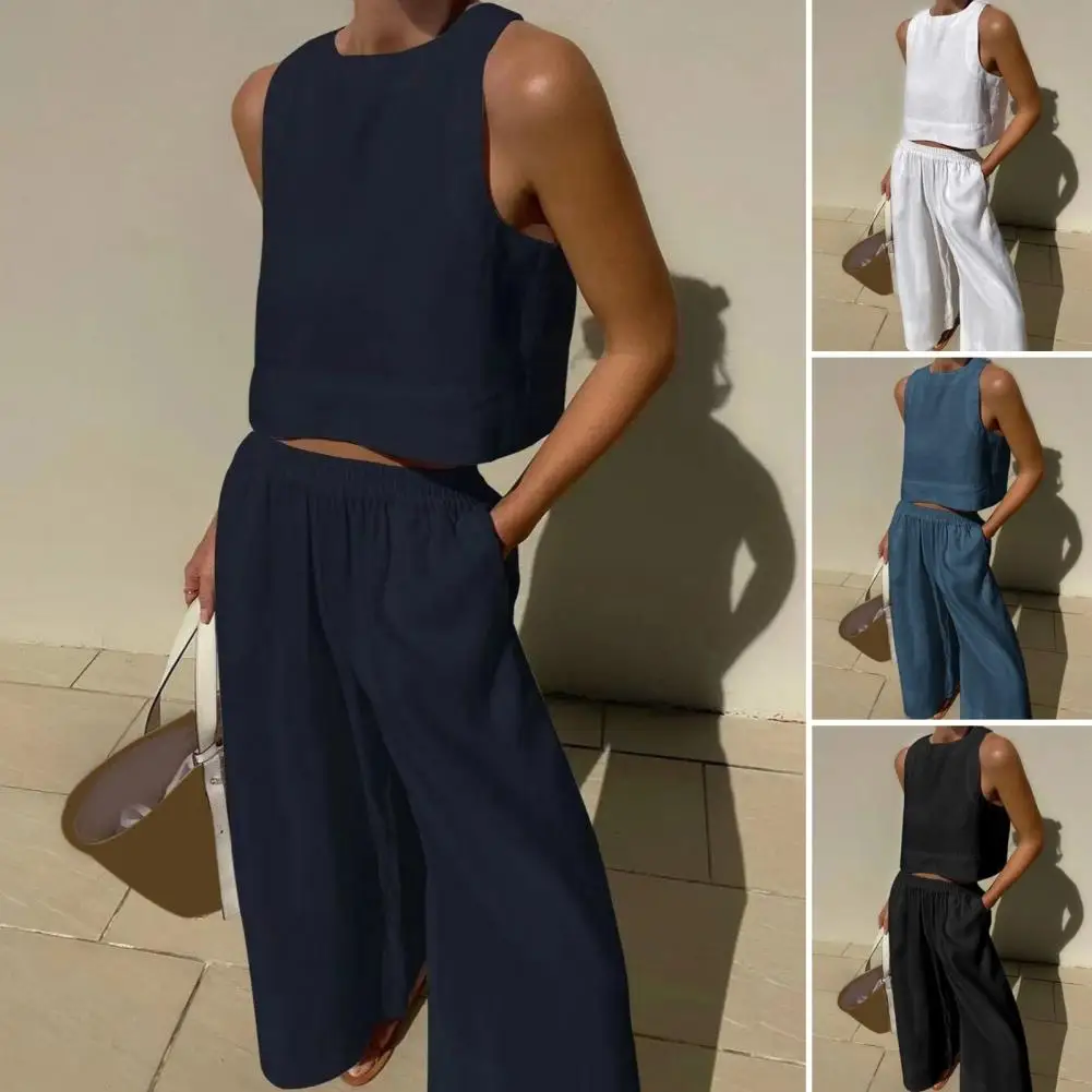 Lightweight Tank Top Wide-leg Pants Set Stylish Women's Sleeveless Vest Wide Leg Pants Set with High Waist for Fashionable