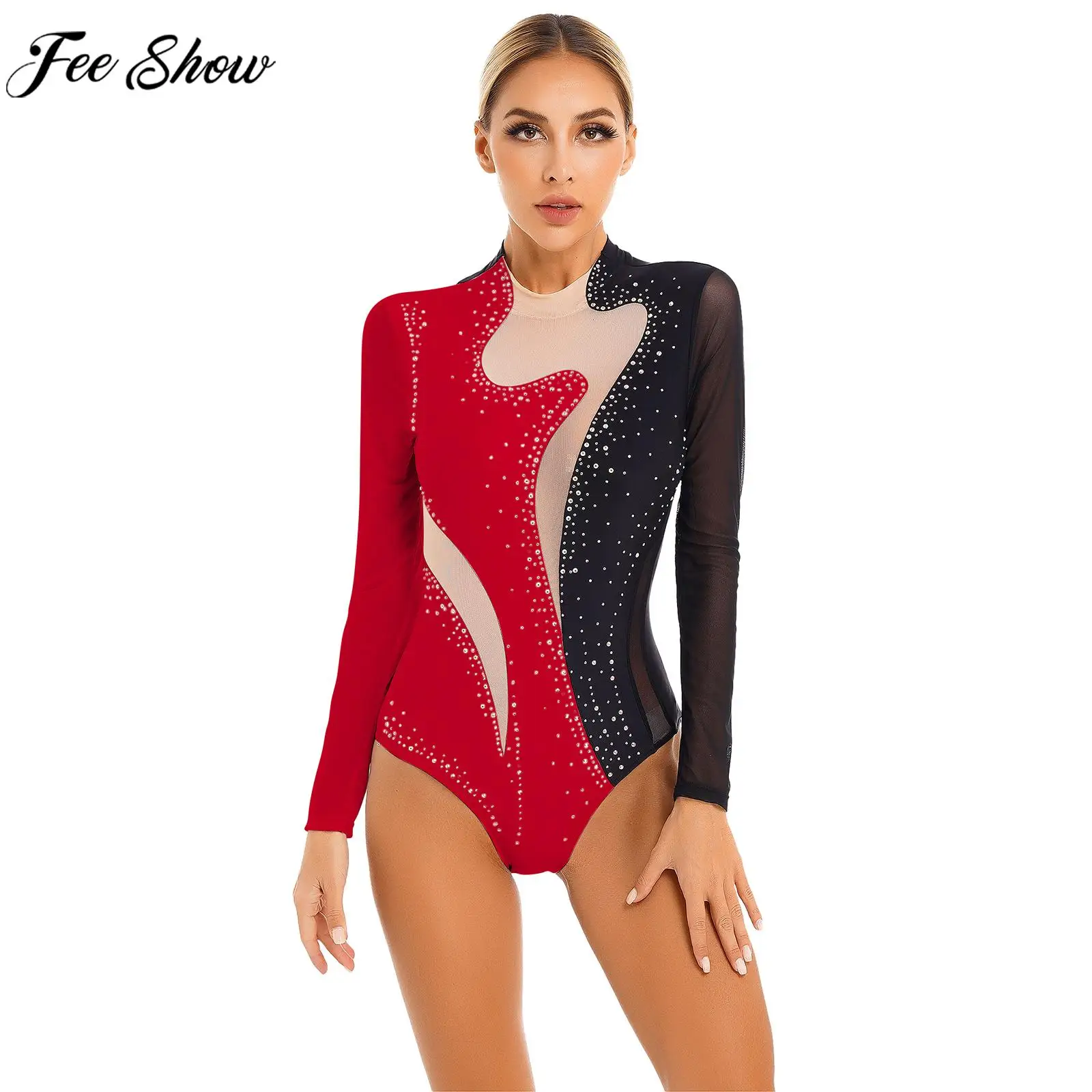 

Women Ballet Gymnastics Leotard Figure Skating Acrobatics Performance Costume Long Sleeve Shiny Rhinestone Sheer Mesh Bodysuit