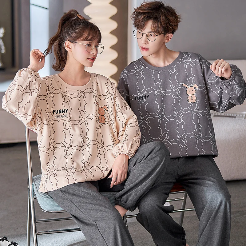 

Korean Cotton Sleepwear For Couples 2023 New Spring Autumn Loungewear For Youth Girl Boy Plus Size Homewear Women and Men Match