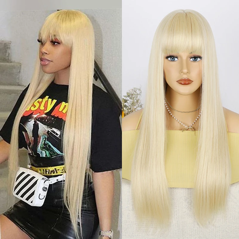 

Long Straight Blonde Pink and Blue Synthetic Wigs with Bangs Cosplay Party Natural Hair Wig for Women Daily Heat Resistant Wig