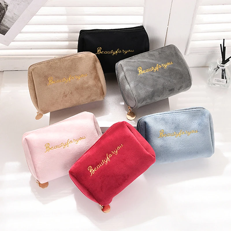 

1 Pc Women Zipper Velvet Make Up Bag Travel Large Cosmetic Bag for Makeup Solid Color Female Make Up Pouch Necessaries