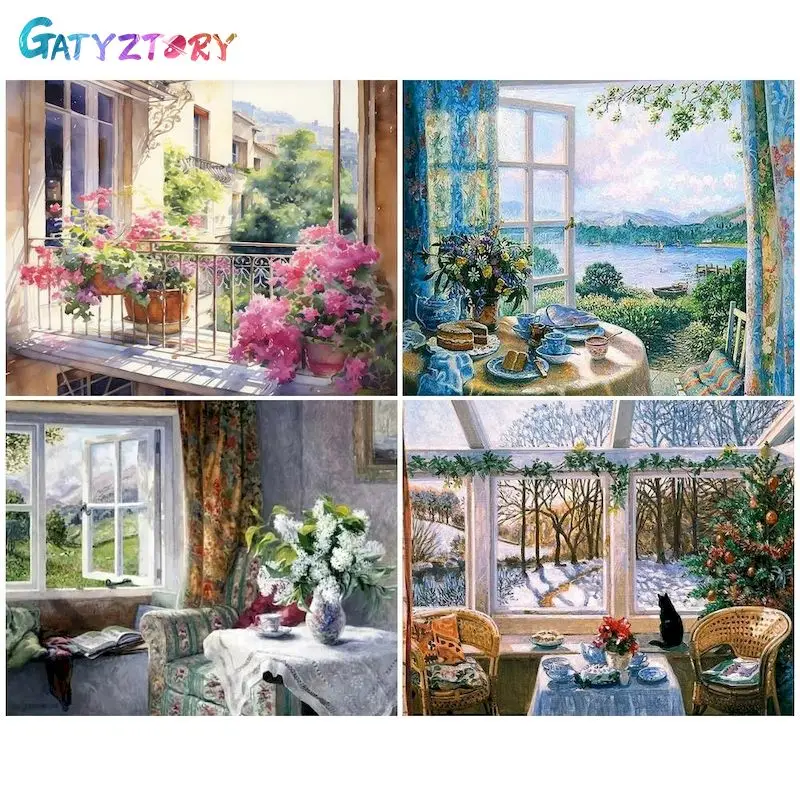 

GATYZTORY Modern Painting By Numbers For Adults Handpainted Painting Balcony Scenery On Canvas Paintings Number DIY Gift Wall Ar