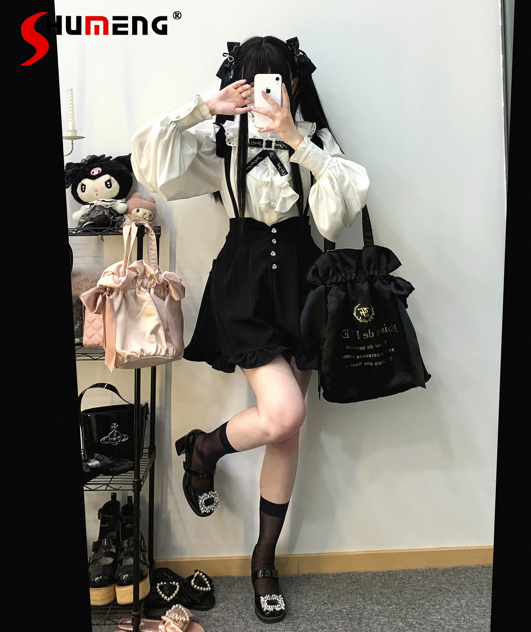 Original Lolita Love Gem Wooden Ear Suspender Skirt 2023 Fall New Japanese Style Sweet Single-Breasted Short Sling Skirts Shorts