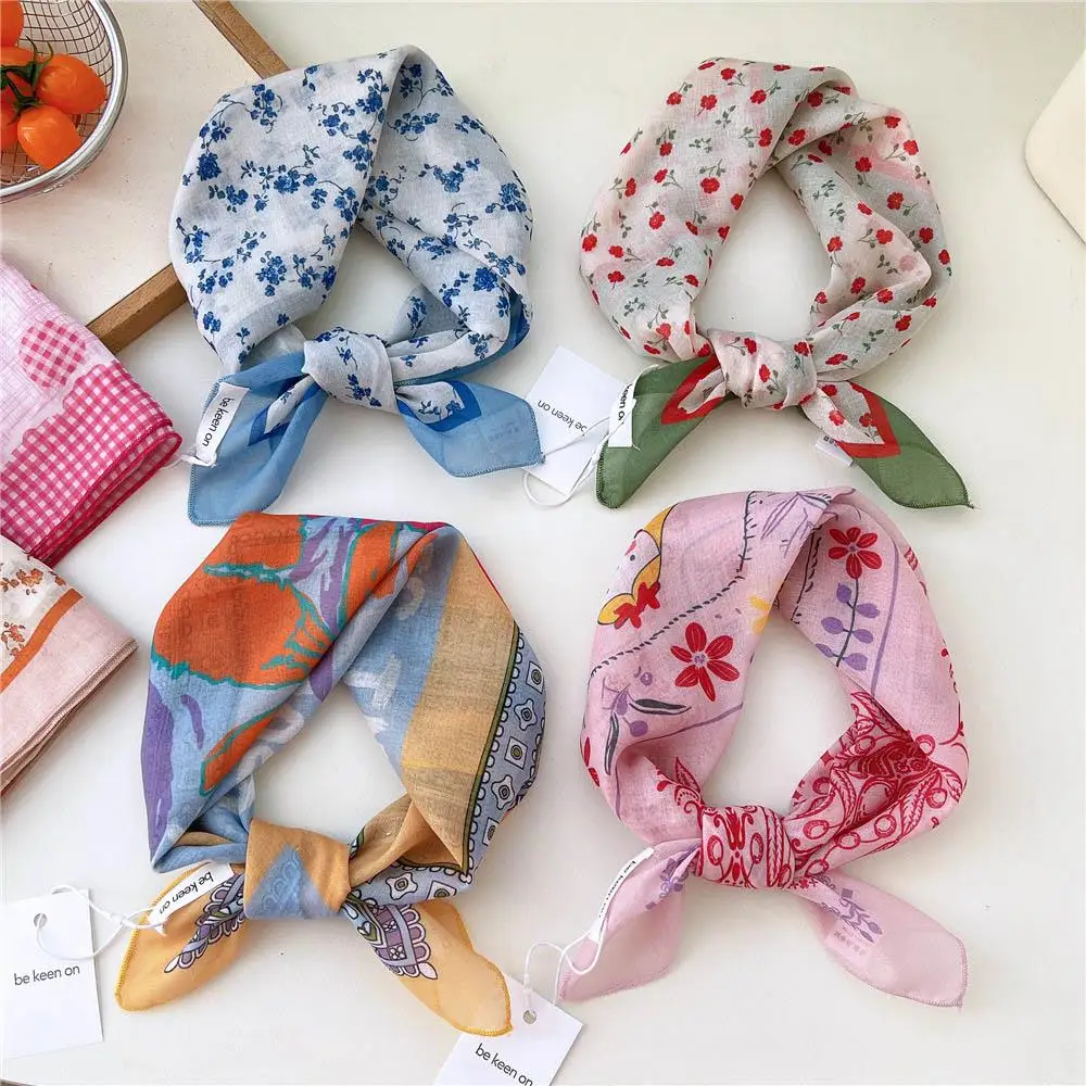55cm Floral Print Square Scarf Flower Double Sides Headscarf