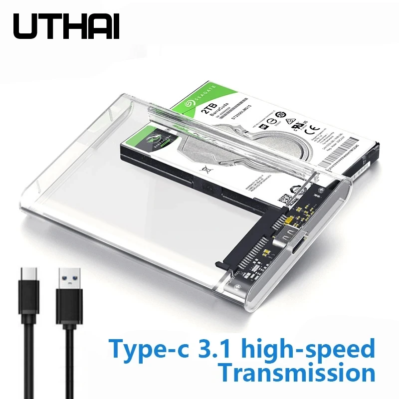 UTHAI TM05 Type-C Transparent Box HDD Enclosure 3.1 Notebook 2.5 Inch SSD Solid State Mechanical Mobile Hard Disk Box USB3.1 — view 2