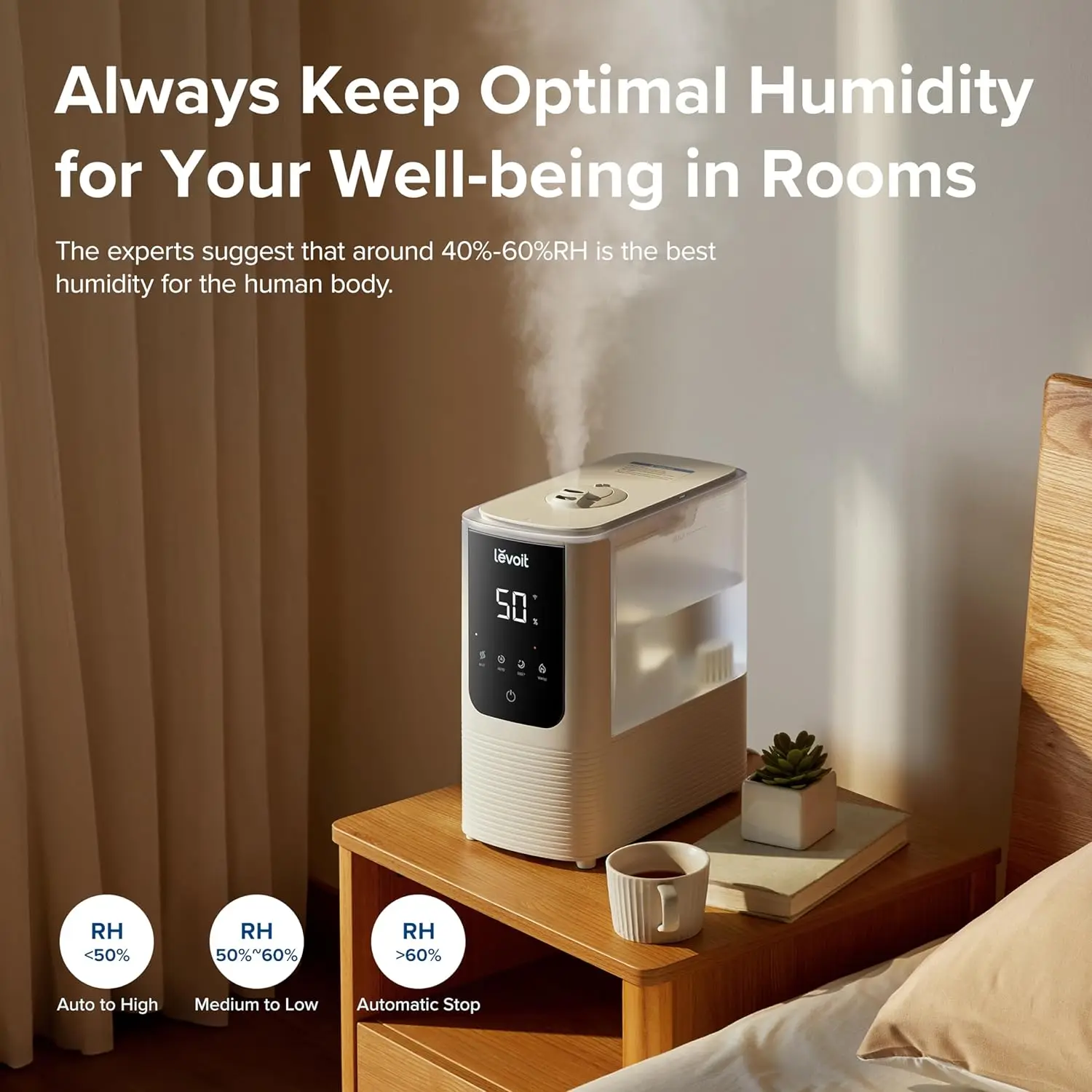 Humidifiers for Bedroom Home, Smart Warm and Cool Mist Air Humidifier for Large Room, Auto Customized Humidity, Fast Symp 5