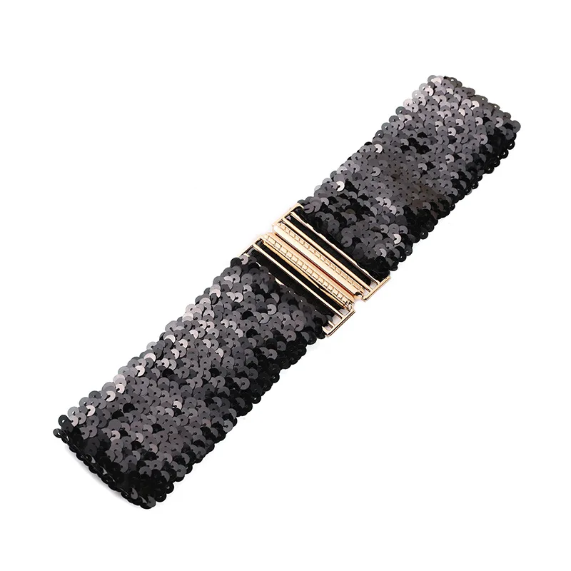 Sequin Elastic Glitter Belt Women's Corset Wide Waist Belt Metal Buckle Waistband Decorative Corset Strap Party Dress Accessorie