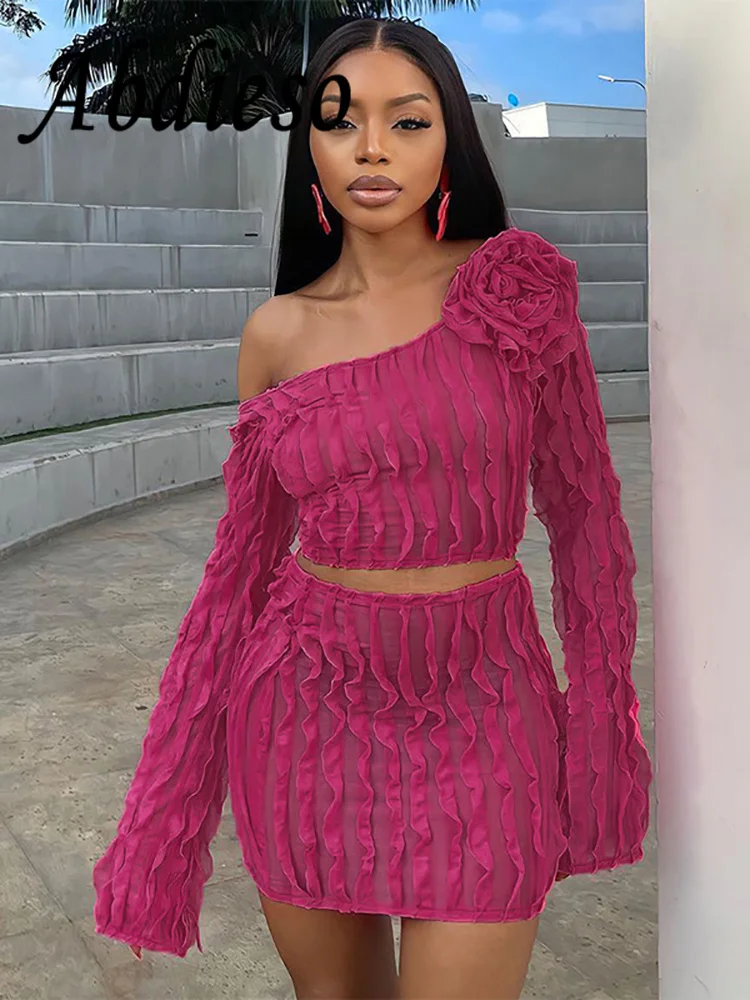 

Abdieso 2023 цветочный сексуальный сетчатый комплект из двух предметов, женская одежда, модный осенний топ с рюшами и длинным рукавом и мини юбка, подходящие комплекты