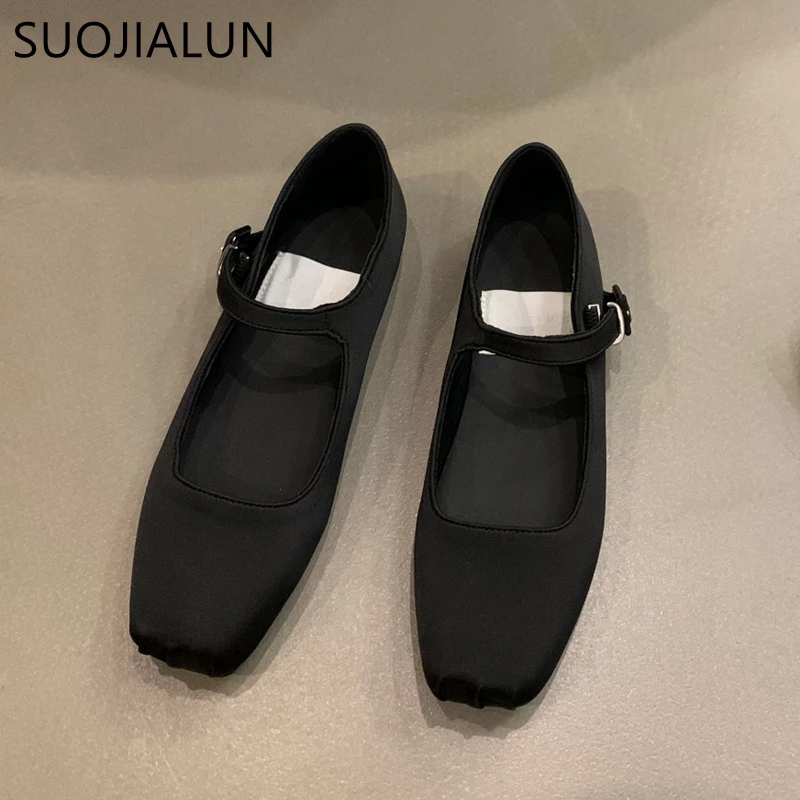 Spring New Women Flat Shoes Fashion Silk Square Toe Shallow Ladies Ballet Shoes Soft Casual Flat Mary Jane