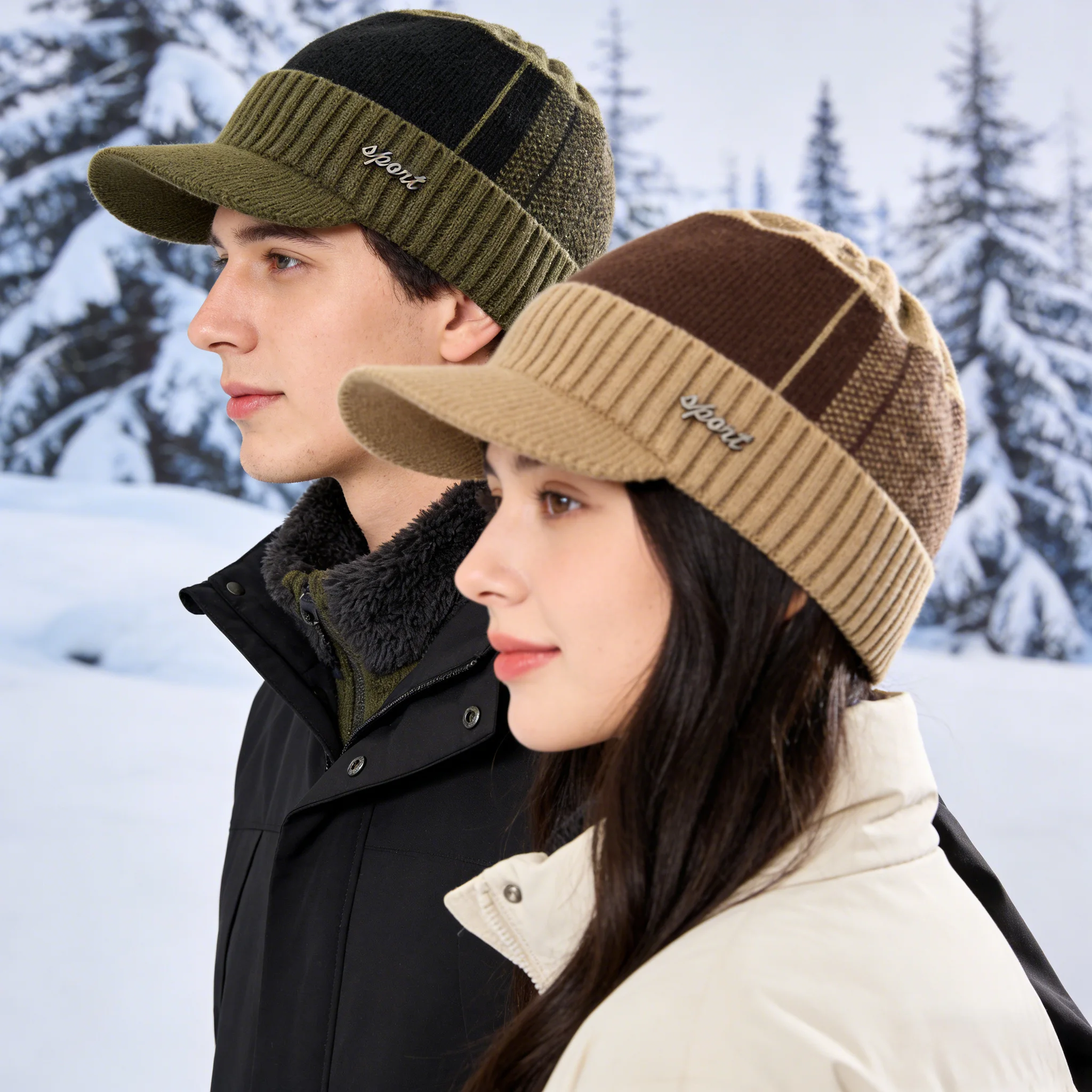 Unisex Classic Warm Winter Hat With Brim Plush Fur Lined Knit Cap Sports Label Thicken Winter Hats For Men Women