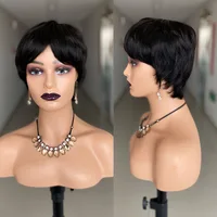 Perruque courte coupe lutin cheveux humains prêt à porter perruques de cheveux humains brésiliens pour les femmes couleur noire pleine Machine perruques droites courtes 2