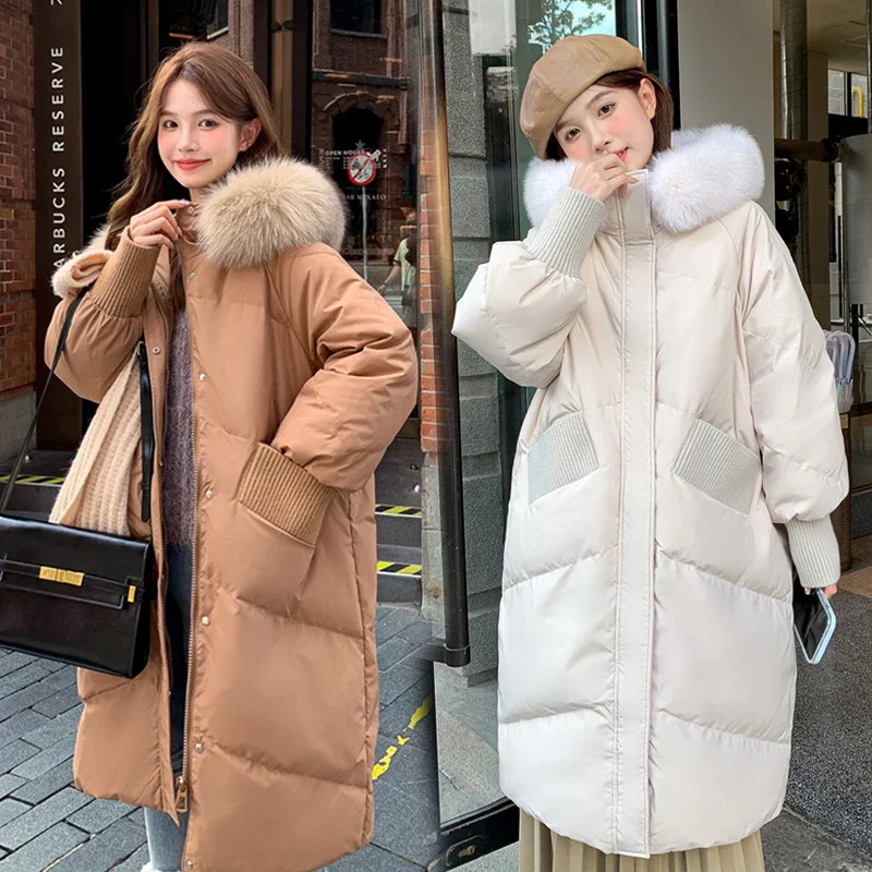 Caramel Hooded Down Jacket for Plump Women 2023 Large Size Overcoats Lady White Duck Thickened Jacket Fox Fur Loose Coat Vintage