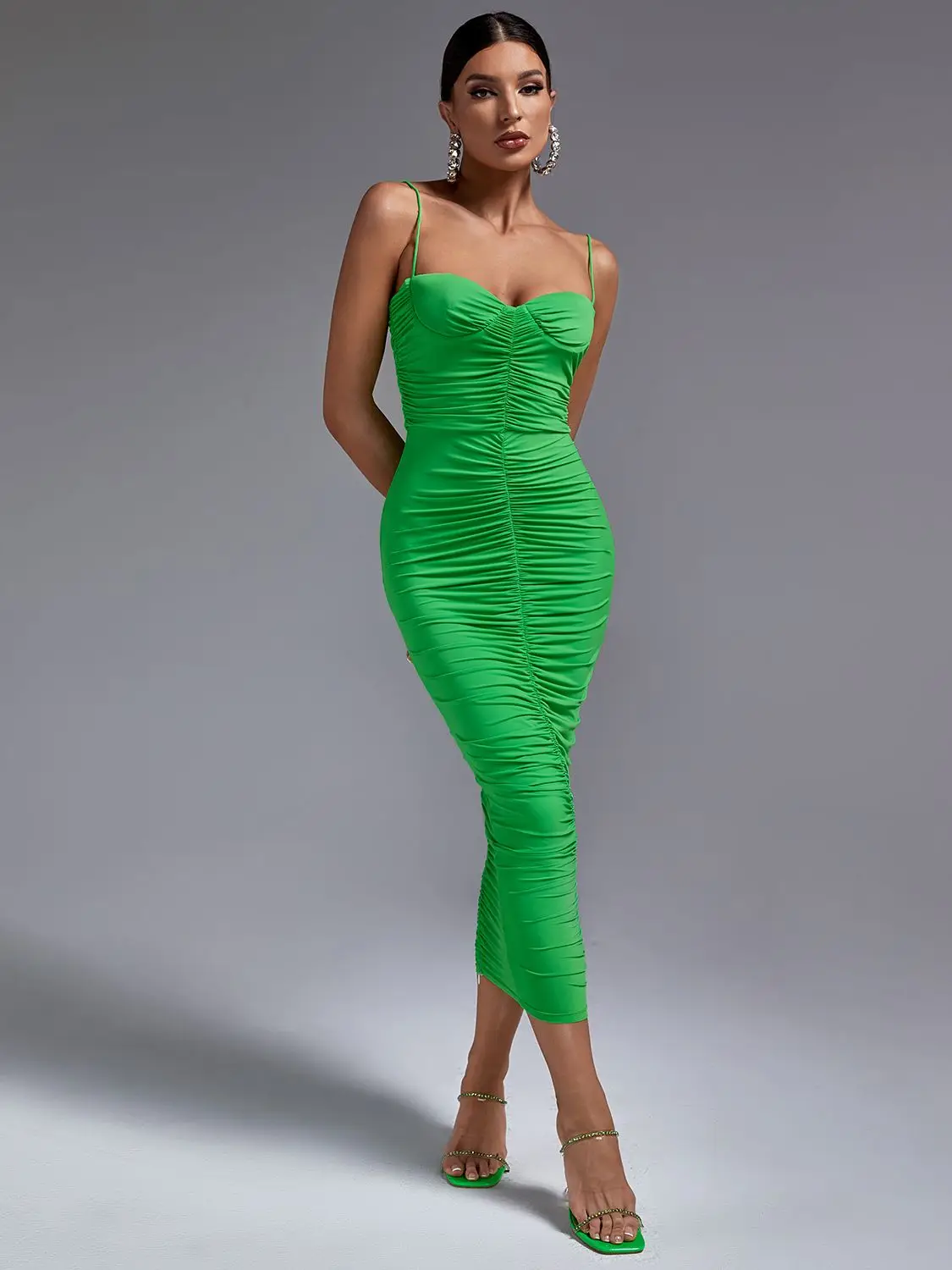 Draped Party Dress Women Midi Bodycon Dress Elegant Green Spaghetti