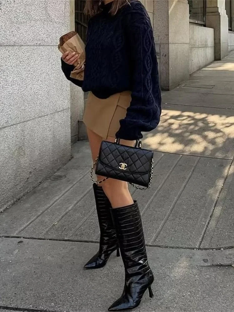 

ZXQJ Women 2023 Fashion Thick Warm Cropped Cable-Knit Sweater Vintage High Neck Long Sleeve Female Pullovers Chic Tops