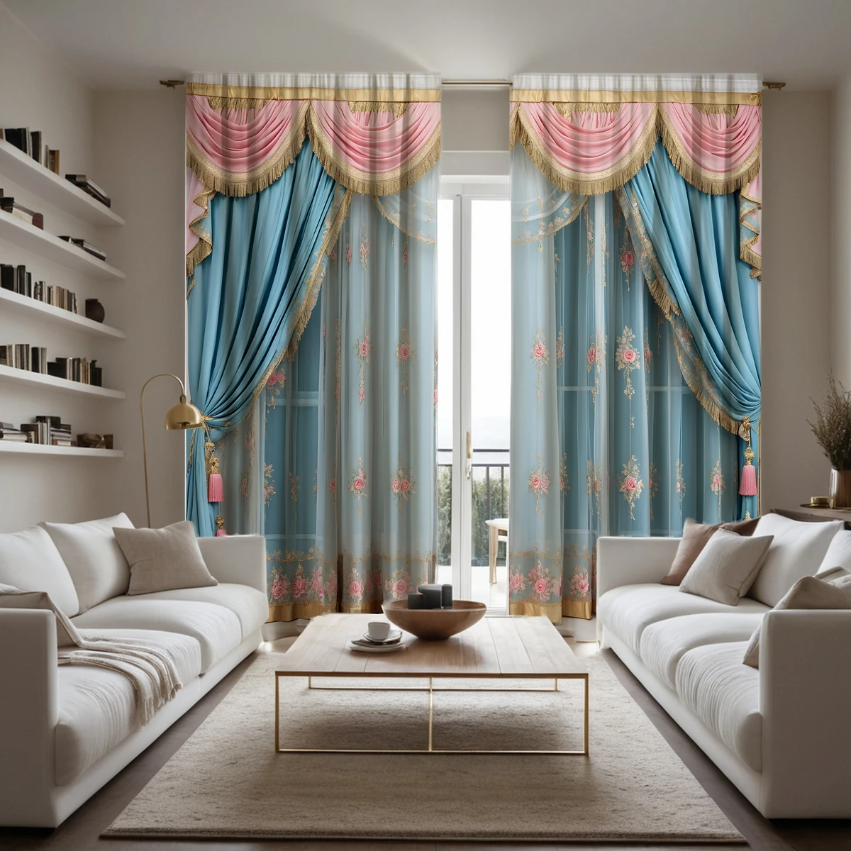 2pcs set HD Gold Lace Pink embroidery decoration simulation window curtain curtain Blue tie digital printed curtain Home Deco 3