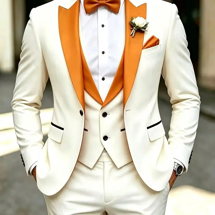 Slim Fit Cream Orange Lapel 3 Piece Tuxedo Men Wedding Groom Blazer Vest Pants Formal Suit