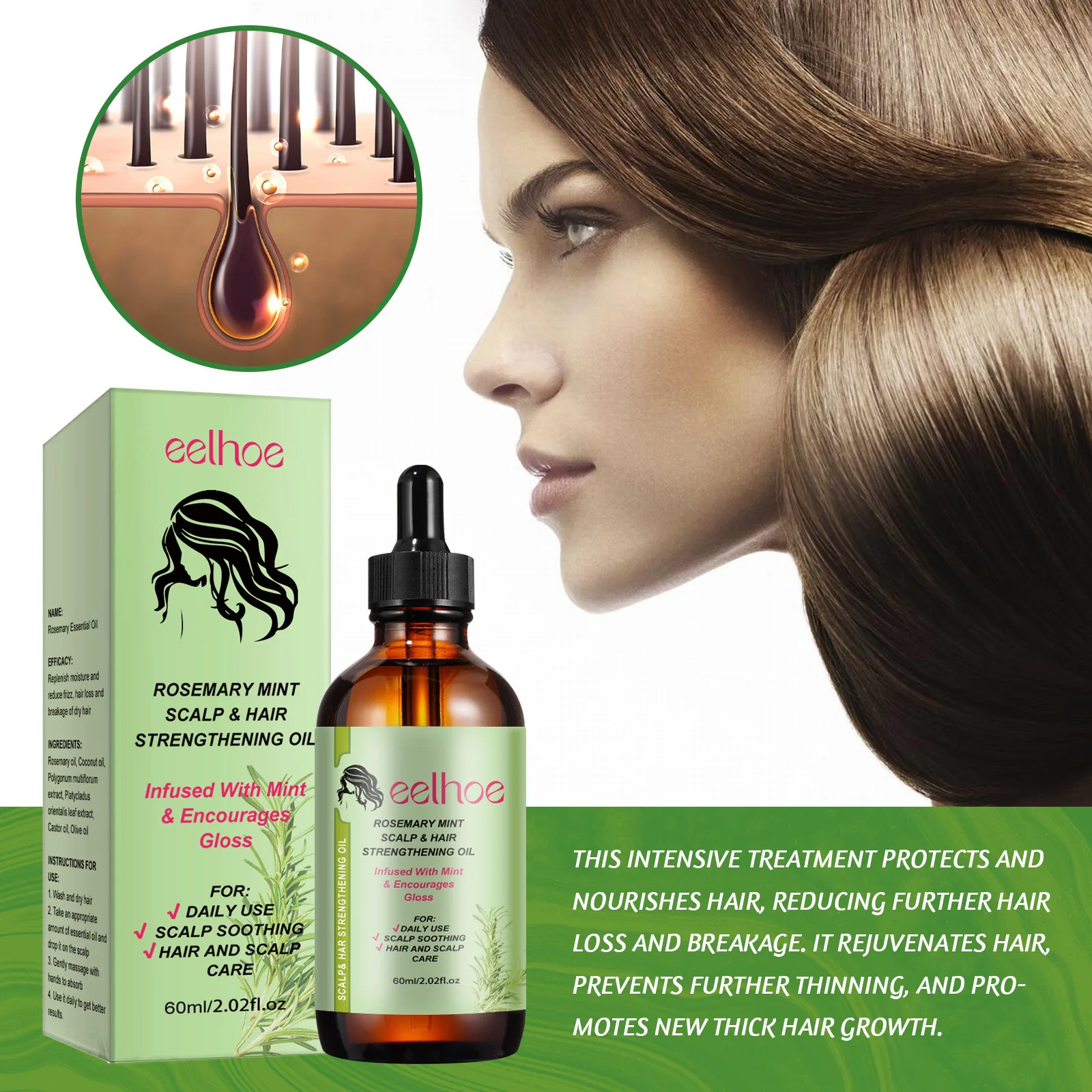 60ml Eelhoe Rosemary Hair Care Essential Oil Repair Hair Damage Anti-Loss Solid Hairs Dense Hairs Soft Repair Hair Root Beauty