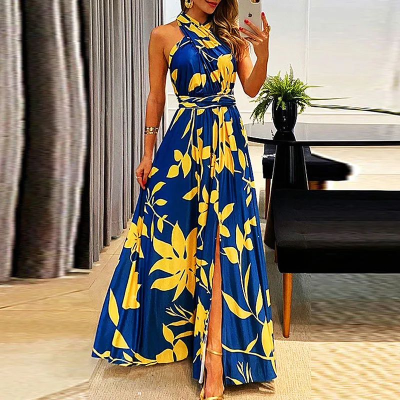 Vestido sexy maxi de chiffon con cuello halter y espalda baja Azul Pizarra Tallas Grandes