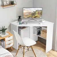 Corner Computer Desk, Space-Saving Triangular Writing Desk w/ 2 Storage Shelves & 2 Cable Holes, Multi-Functional Consol 1