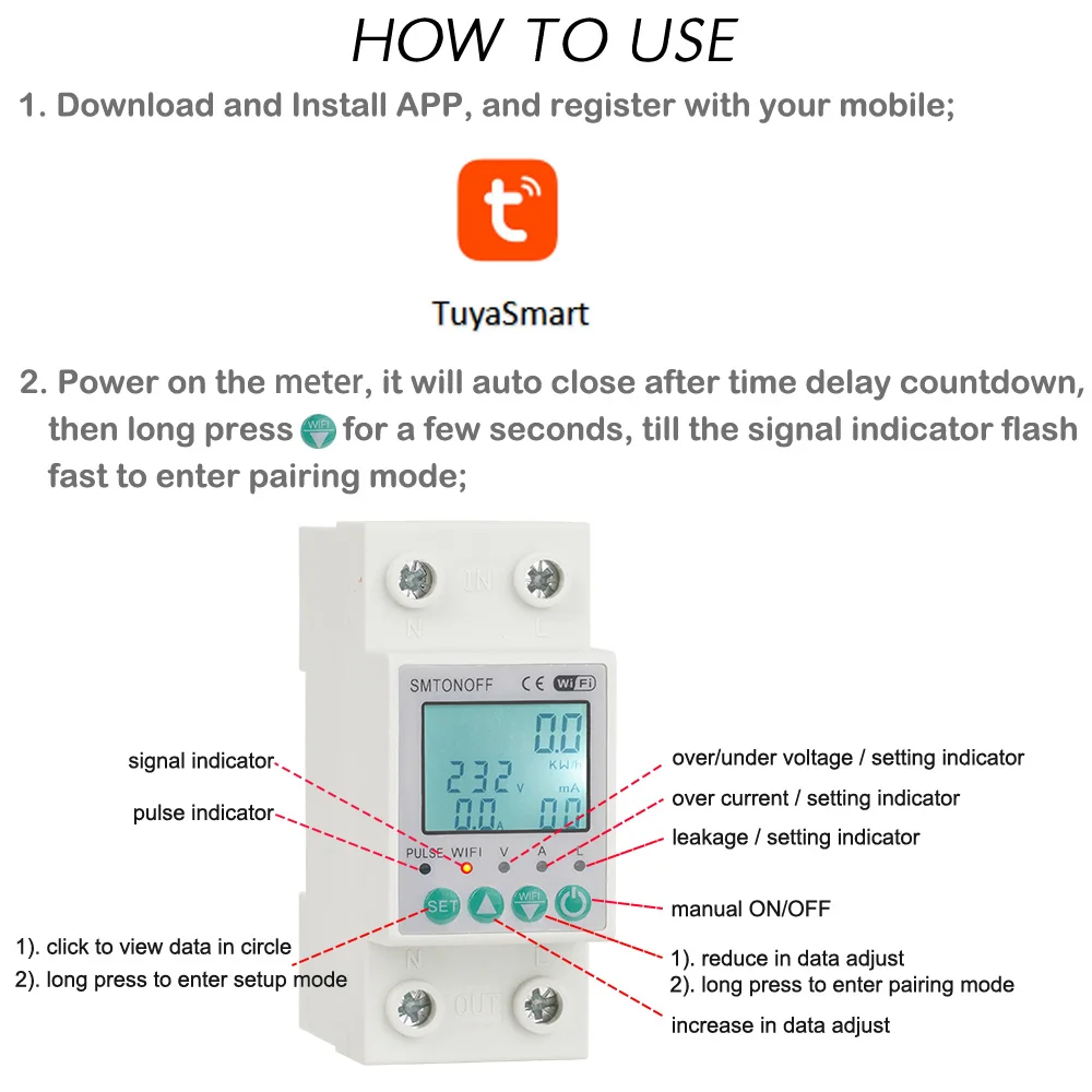 Tuya WiFi 2P 63A Bi-directional Measuring Prepaid kWh Meter Auto-reclosing Over