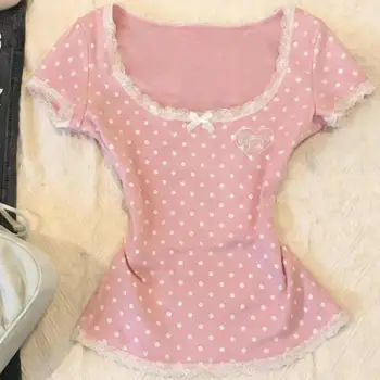 Harajuku Sweet Polka Dot T-Shirts Women Brown Bow Front Slim Fit Short Sleeve Tees Y2K Casual Cute Tops Fashion Trendy Comfy New 1