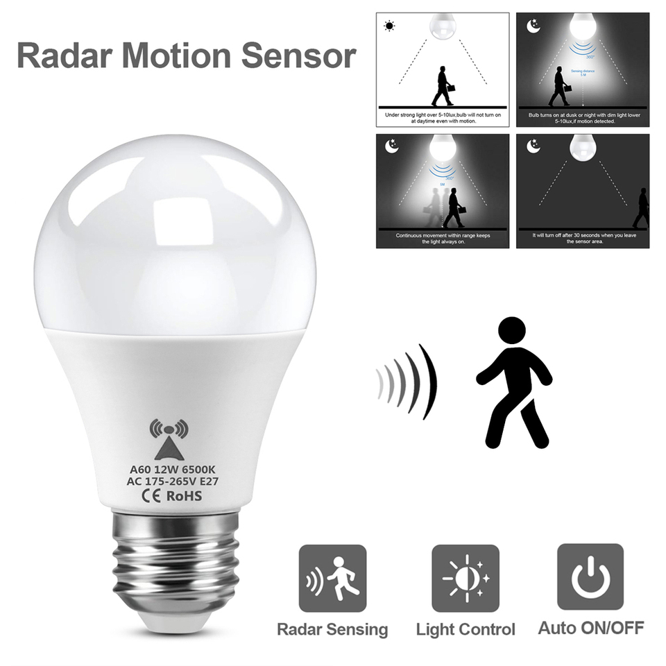 LED 12W Radar Motion Sensor LED Bulb E27 220V Radar Smart Detection Sensitive Lamp Energy Saving For Home Stair Pathway Doorway