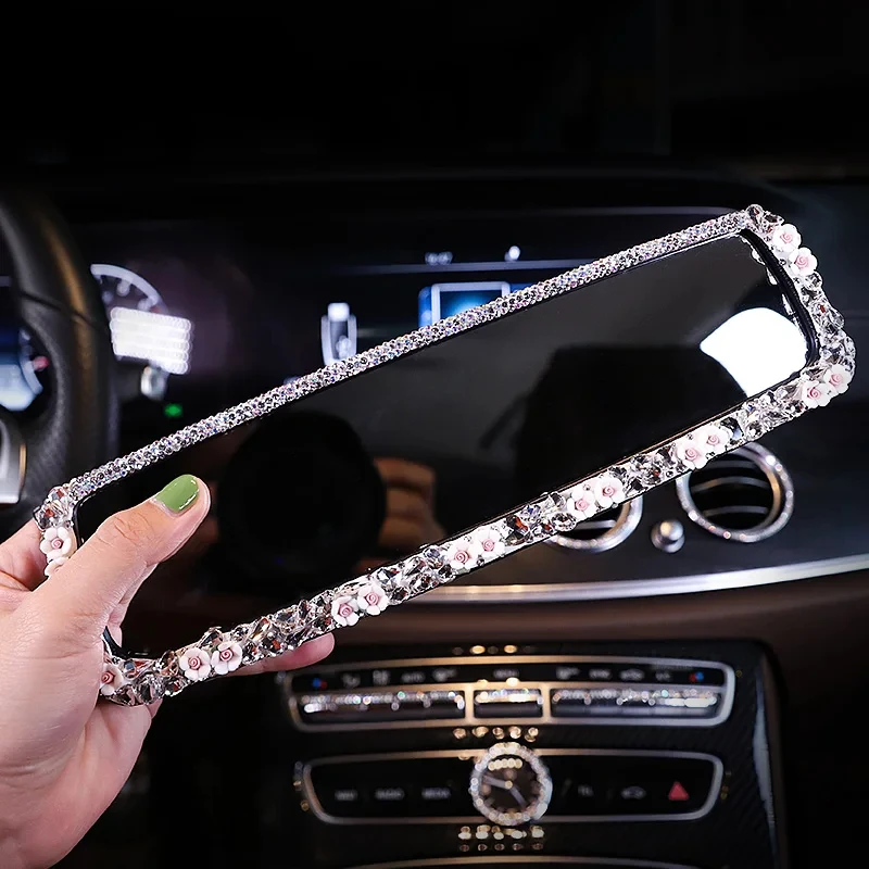 Bling Rhinestone Car Rear View Mirror with Flowers Decor Crystal Diamond Rearview Mirror Covers Auto Bling Accessories for Women