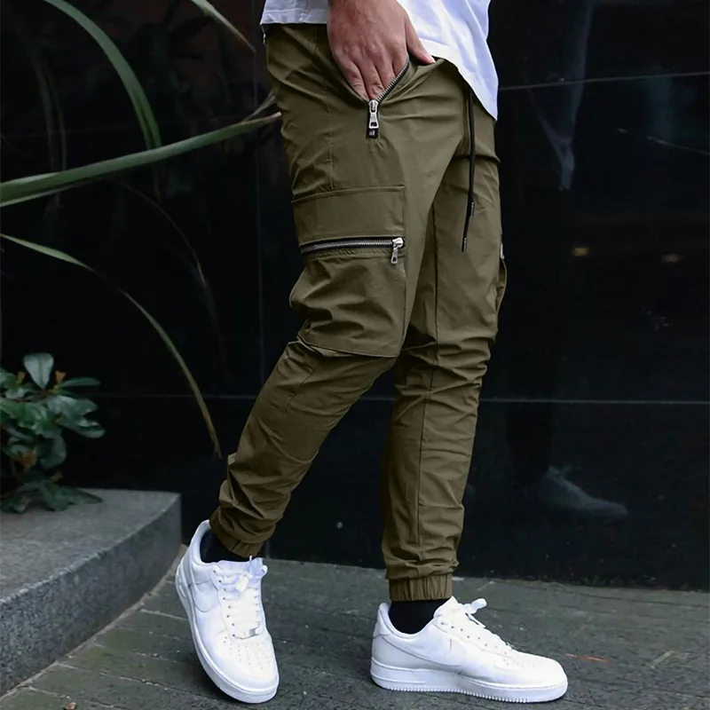 Multi pocket sports basketball zipper work pants small foot casual pants joggers men clothing