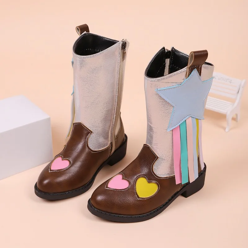 Girls High Boots Bohemian Style Kids Princess Riding Boots Side Zipper 2025 Autumn Winter New Children Mid-calf Boots Versatile