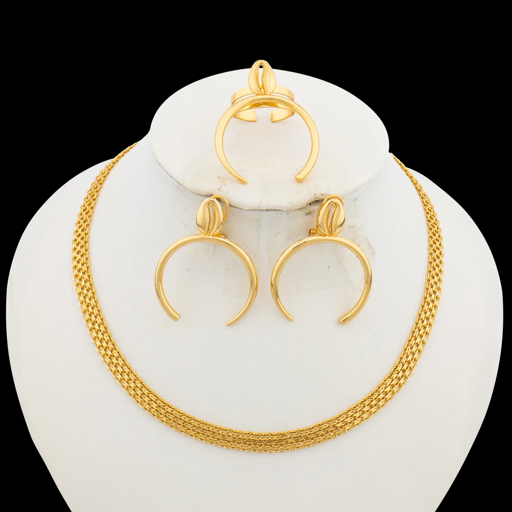 

Ethiopian Gold Color Jewelry Set for Women Unusual Design Earrings and Ring Set African Dubai Choker Necklace Jewelry Weddings