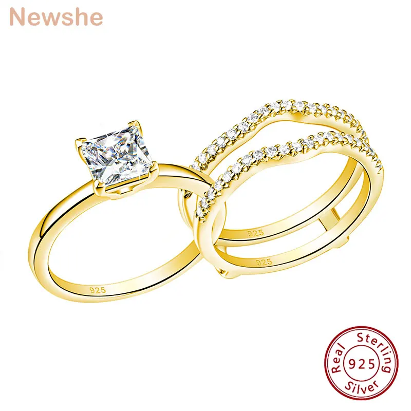 

Newshe Rings for Women Bague Luxury Silver 925 Original Jewelry Gold Solitaire Princess Engagement Ring with Enhancer Bands