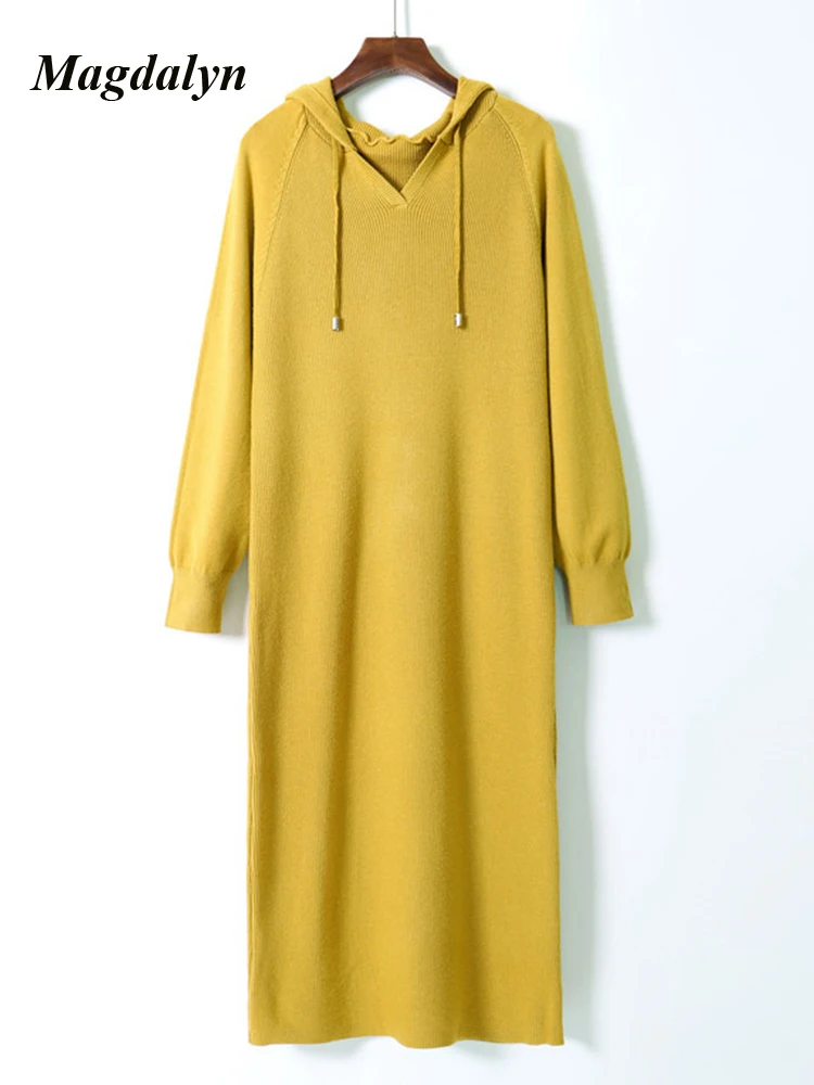 

Magdalyn Women Long Hooded Sweater Dress Casual Fashion Solid Korean Vestidos Elastic Winter Autumn Warm Maxi Knitting Dresses