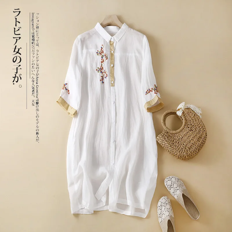 

2022 chinese style women clothes long shirt dress half sleeves embroidery pattern loose retro style cotton and linen