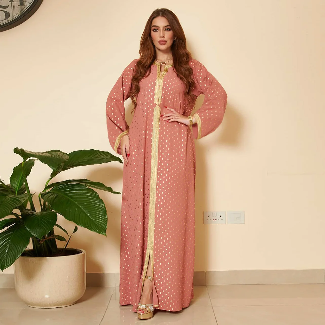 Modest Muslim Maxi Dress For Women Autumn 2023 Lace Tape Trim V Neck Long Sleeve Loose Arab Oman Dubai Gold Stamping Robe Pink