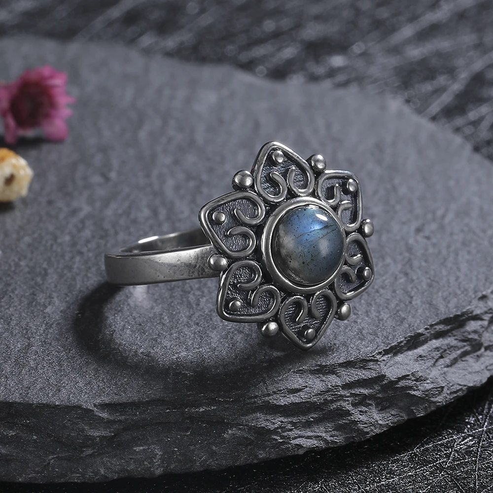 천연 라브라도라이트 반지 실버 주얼리 반지 여성 남성용 태양 모양 빈티지 손가락 반지 파티 럭셔리 선물