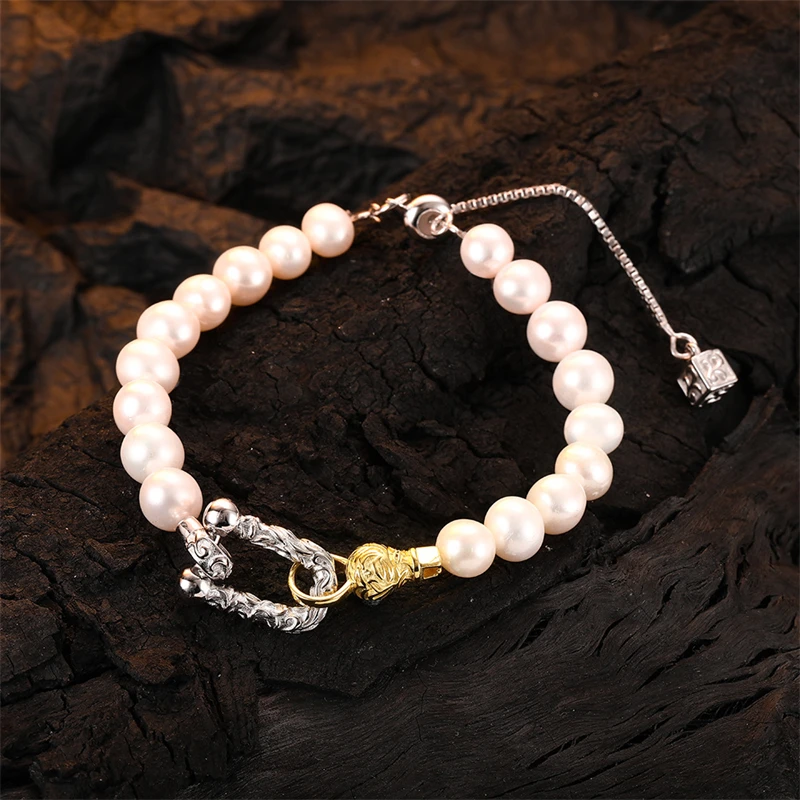 

925 Sterling Silver French Freshwater Pearl Bracelet for Women Luxury Tangcao Textured Horseshoe Buckle Bracelets Charm Jewelry