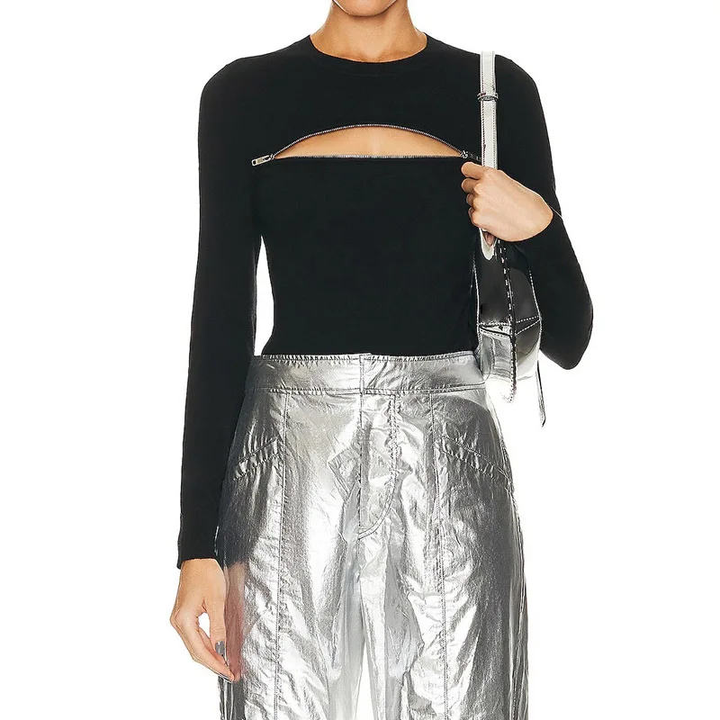 

Classic Black Wool Knitted Bottoming Top Women Fashion Simple Long Sleeve O Collar Zipper Slim Pullovers Designer Clothes New