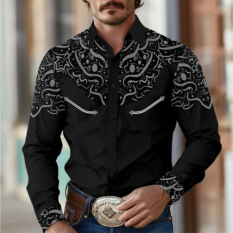 thumbnail image 1 of Camisa de hombre estilo occidental retro geométrico para exteriores, informal, de calle, para uso diario, primavera y otoño, con solapa, manga larga, tallas S-5XL, tela elástica, 1 of 5