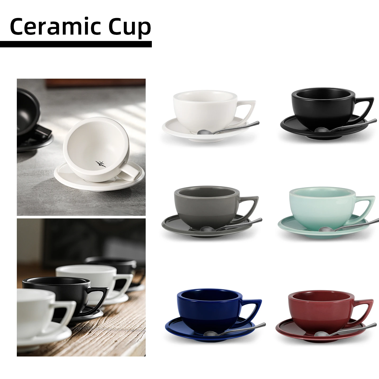 MHW3BOMBER 280ml Tea Espresso Cups and Saucers with Coffee Spoons Set Ceramic Cappuccino Latte