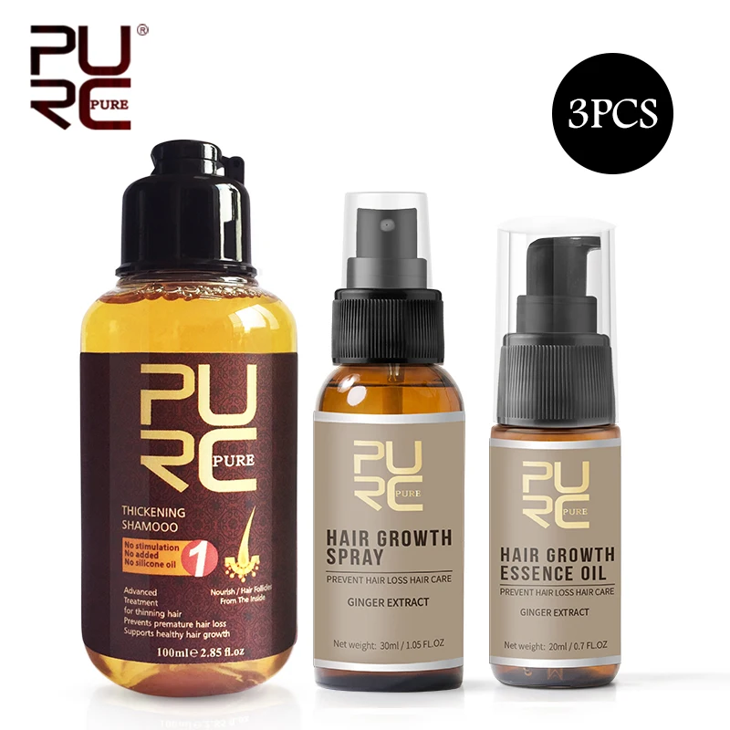 PURC Hair Growth Set Thickening Shampoo & Essential Oil & Regrowth Spray Prevent Hair Loss Treatment Men Women Hair Care purc hair growth products set natural ginger essence oil fast hair growth spray and hair thicken shampoo beauty health 4pcs