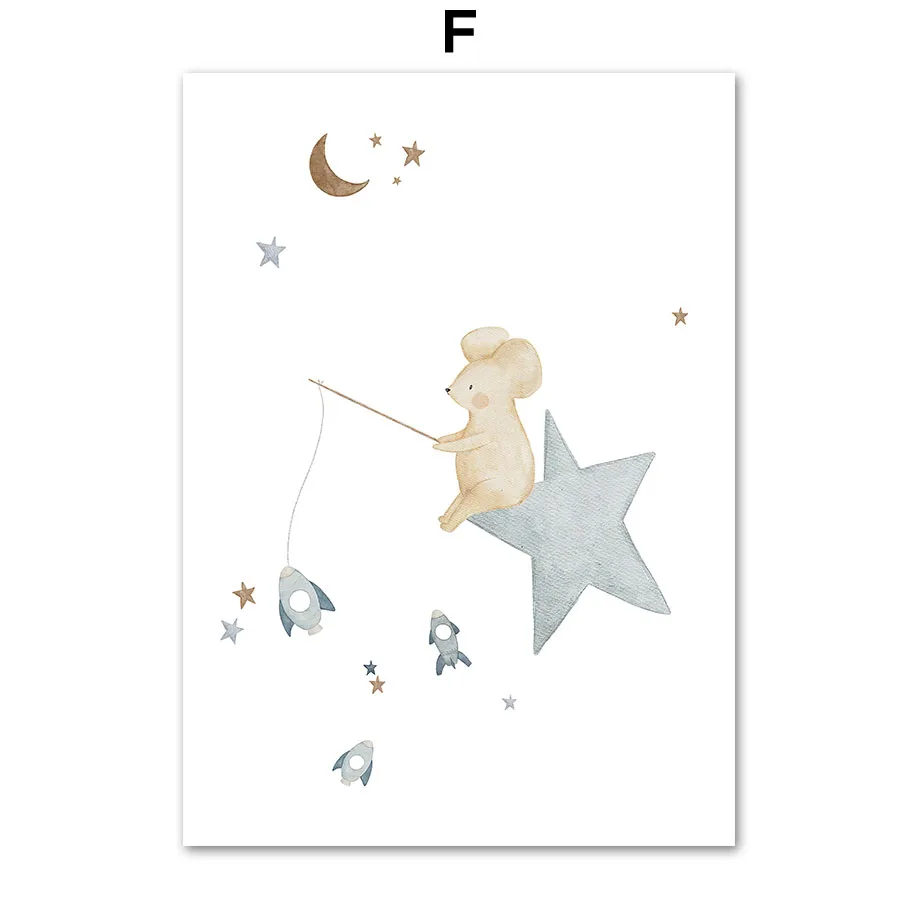 thumbnail image 1 of Pósteres de pared con estampado de lienzo con diseño de oso, conejo, erizo, abeja, flores y cohete espacial bohemio para decoración del hogar de la habitación de los niños y bebés, 1 of 5