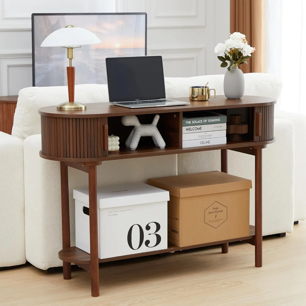 Fluted Console Table, Modern Entryway Table with Tambour Sliding Door, 2-Tier Sofa Table with Storage, Side Table Behind 3
