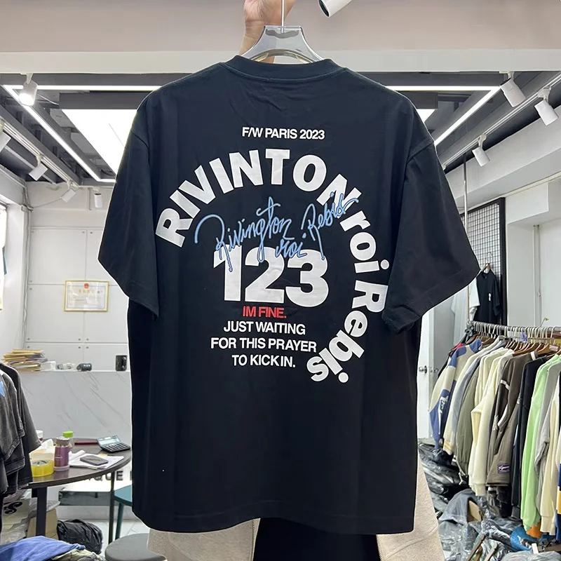 

New Fasion High Quality RRR123 High Street Heavy Cotton Letter Print Round Neck Casual Sports Short Sleeve Top T-Shirt