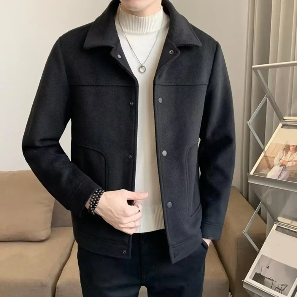 

Polyester Fiber Jacket Men's Thick Cardigan Jacket with Turn-down Collar Single-breasted Design Warm Pockets for Fall for Men