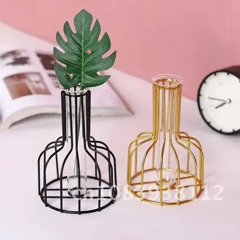 

Geometric Nordic Black Golden Iron Hydroponic Glass Vase Creative Home Flower Plant Vase Ornament Living Room Desktop Decoration