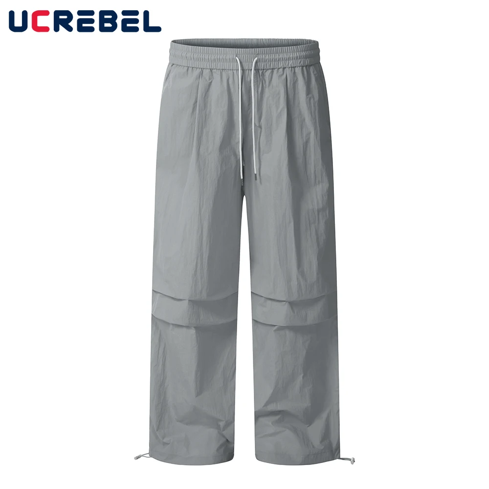 

Solid Color Casual Pleated Trousers Mens Drawstring Elastic Waist Simple Jogger Pants Men